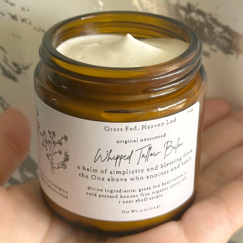 Close view of the open 4 oz amber jar of Original Unscented whipped tallow balm